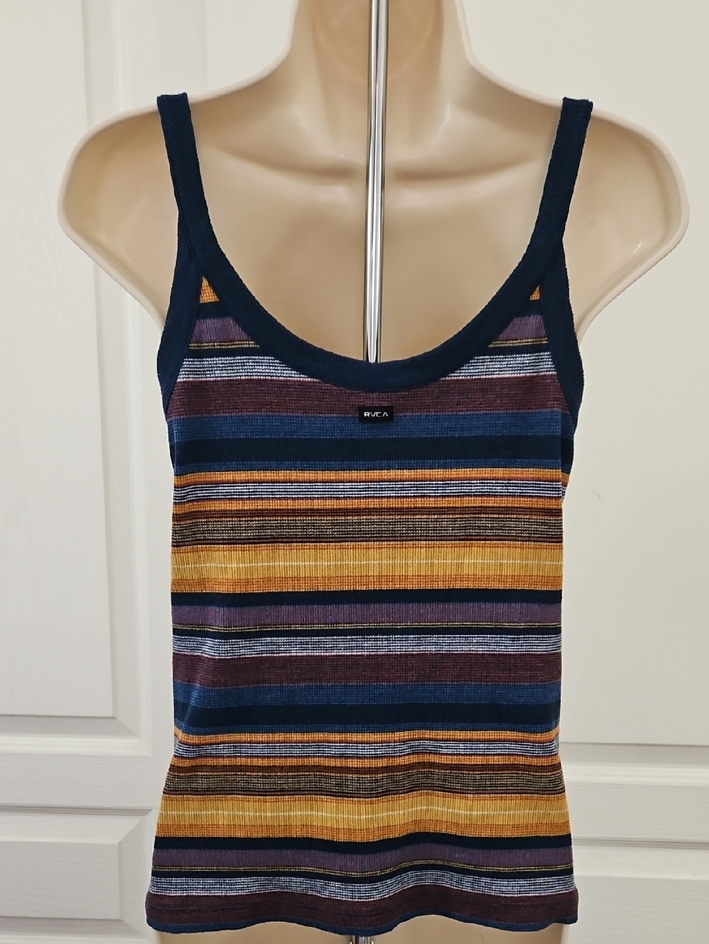 Women’s Striped Button-Front Tank Top in Navy, Mustard & Burgundy - Picture 4 of 12